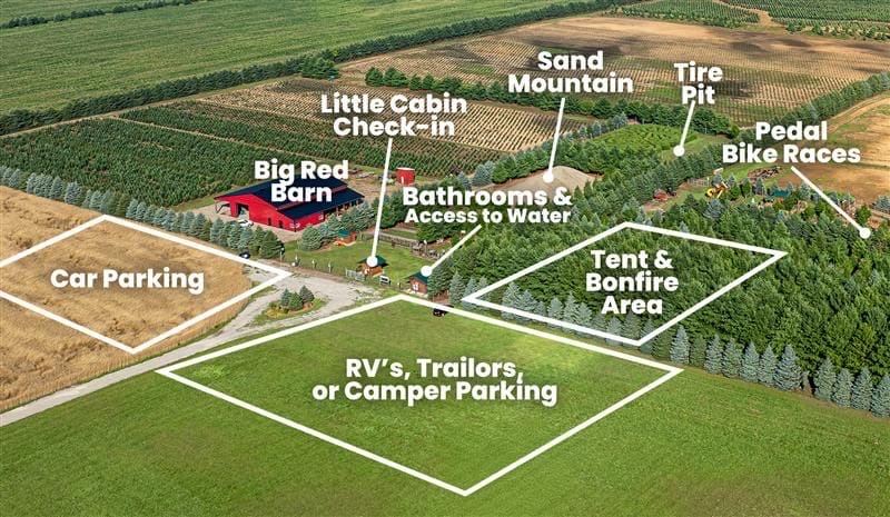 Sloan's Christmas Village site map — parking, check-in, Sand Mountain, tire pit, pedal bike races, tent & bonfire area